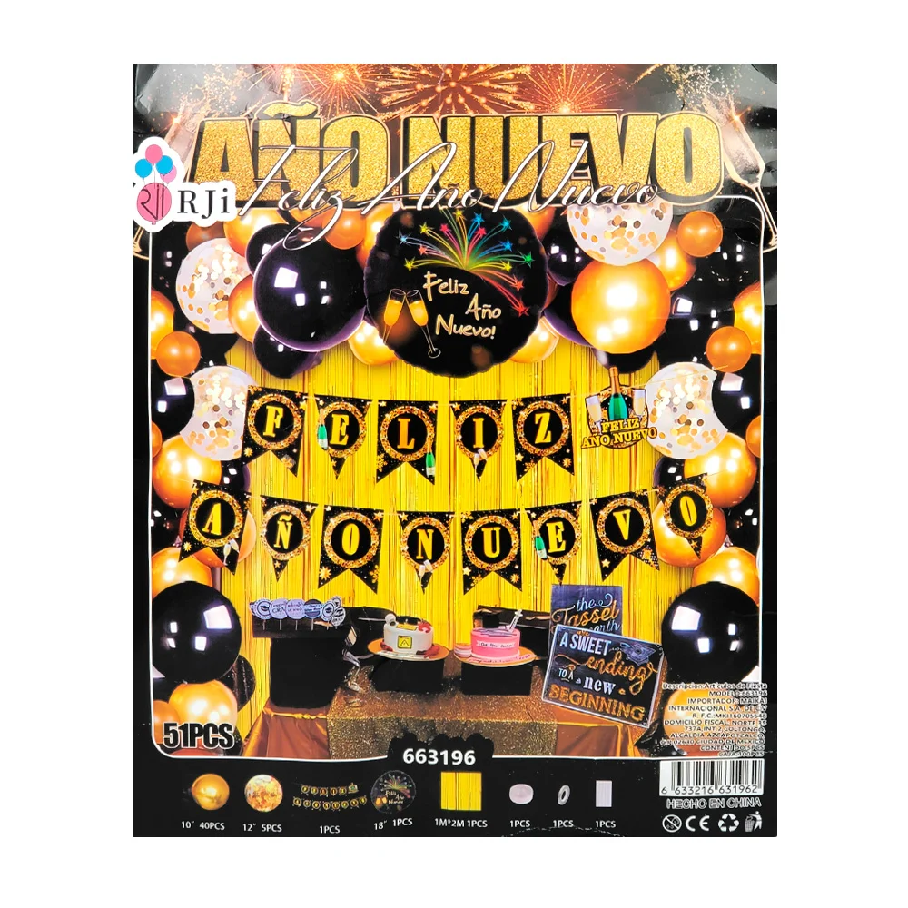 Set decorativo de feliz año nuevo con 51pcs, globos, cortina, banderín