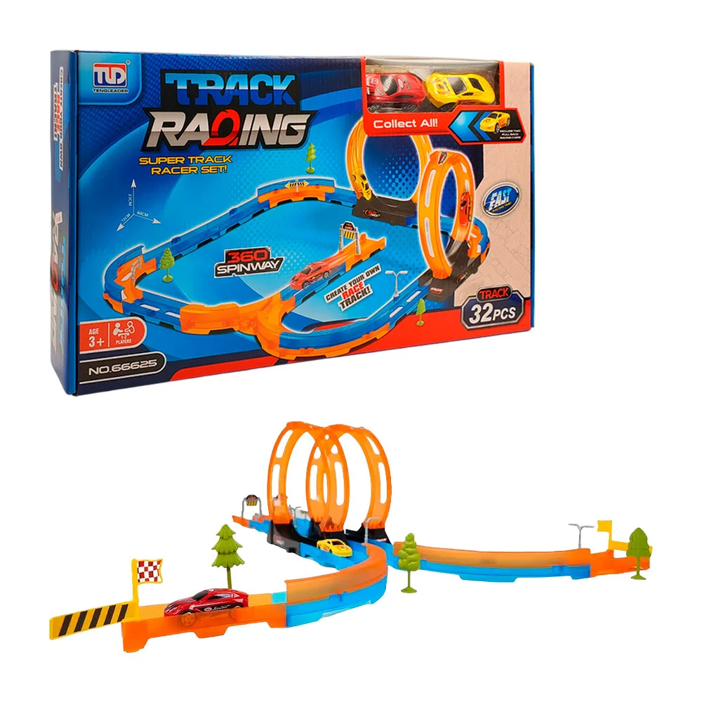 Pista armable con 32pcs múltiples accesorios decorativos, stickers + 2 carritos