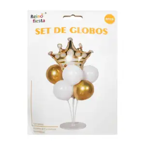 Set de fiesta de 8 pzas con base, globos dorados, blancos y en forma …