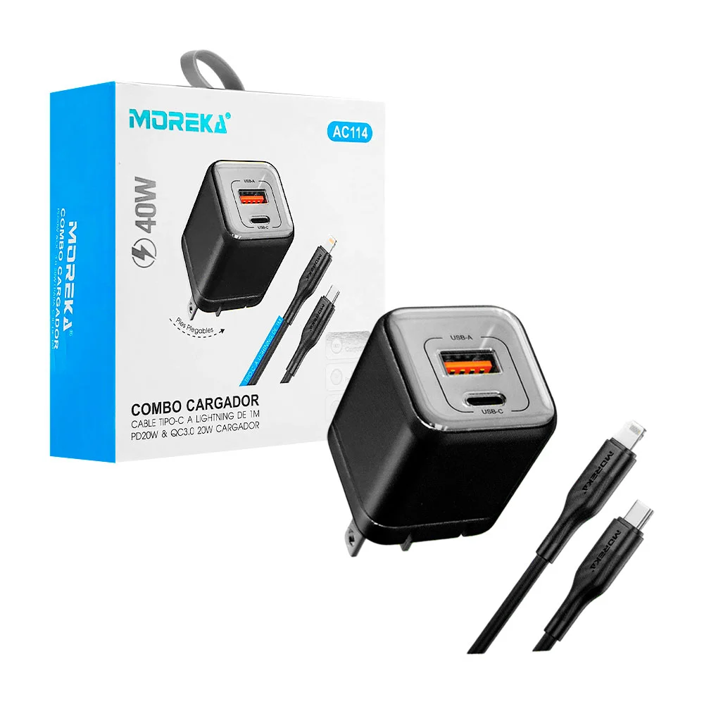 Combo cargador, carga rápida 40w, cable tipo c- lightning, cubo con doble puerto