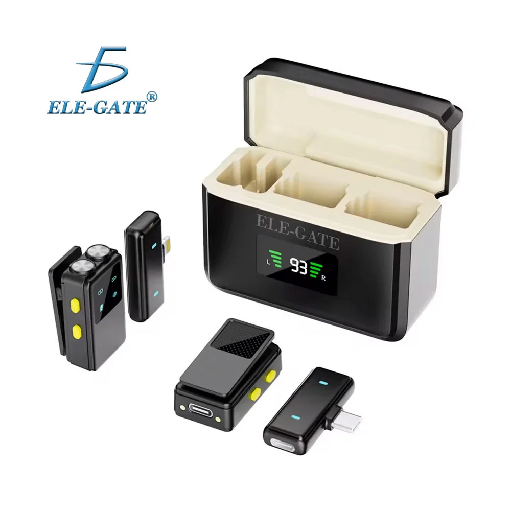 Set de micrófonos inalámbricos solapa tipo c y lightning + estuche de carga