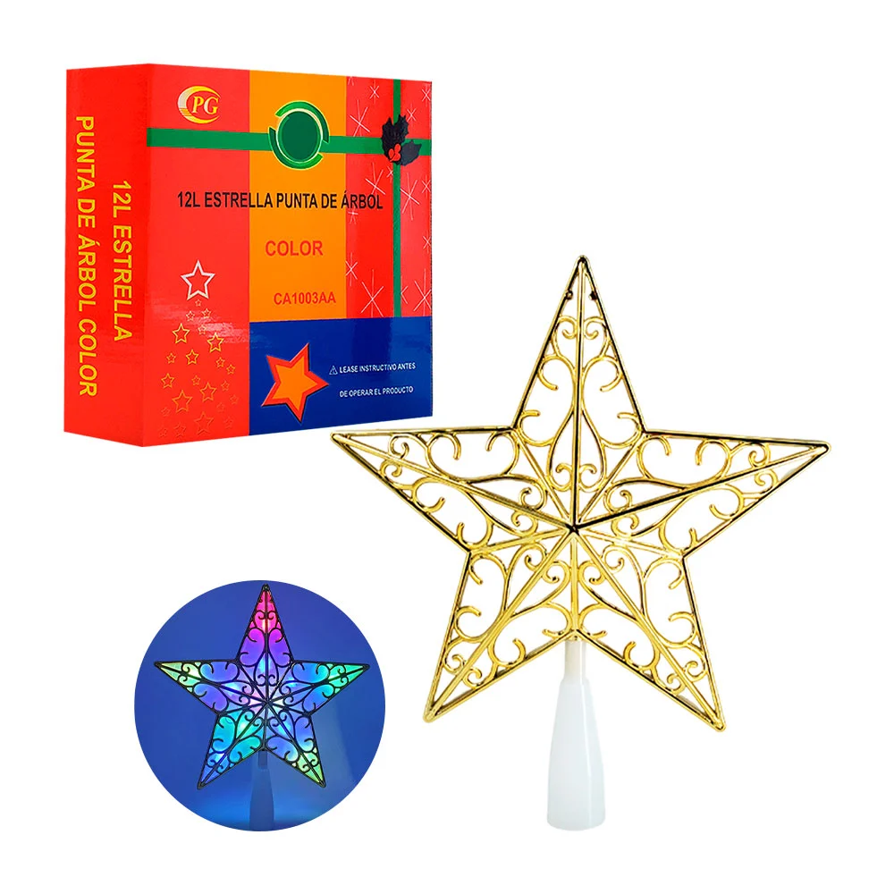 Estrella decorativa para punta de árbol con cubierta dorada y luces de colores