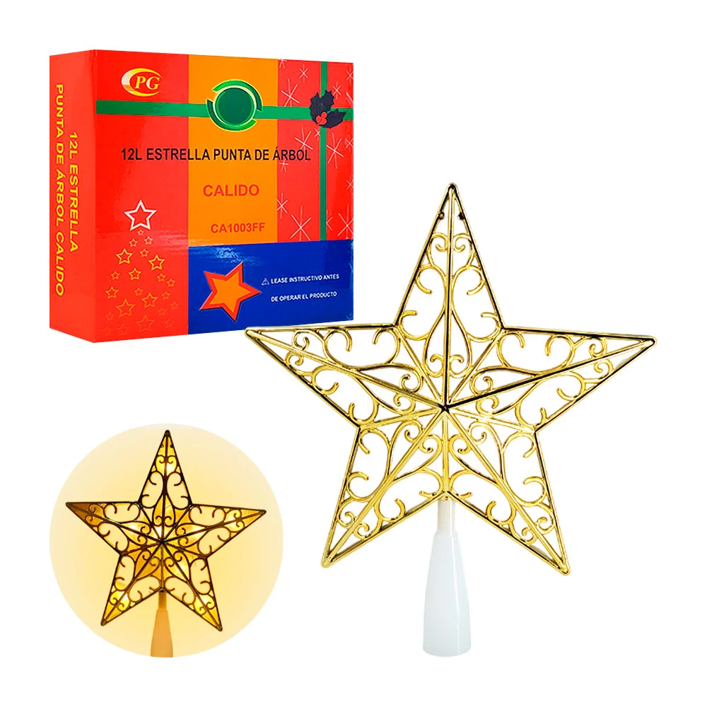 Estrella decorativa para punta de árbol con cubierta dorada y luz cálida / pg