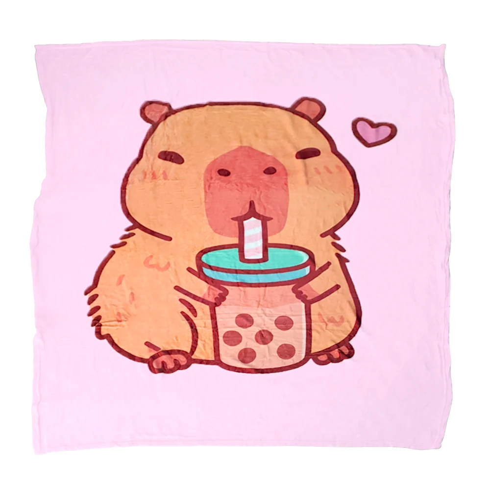 Cobija / cobertor afelpado con estampado de capibara con bebida y fondo rosado
