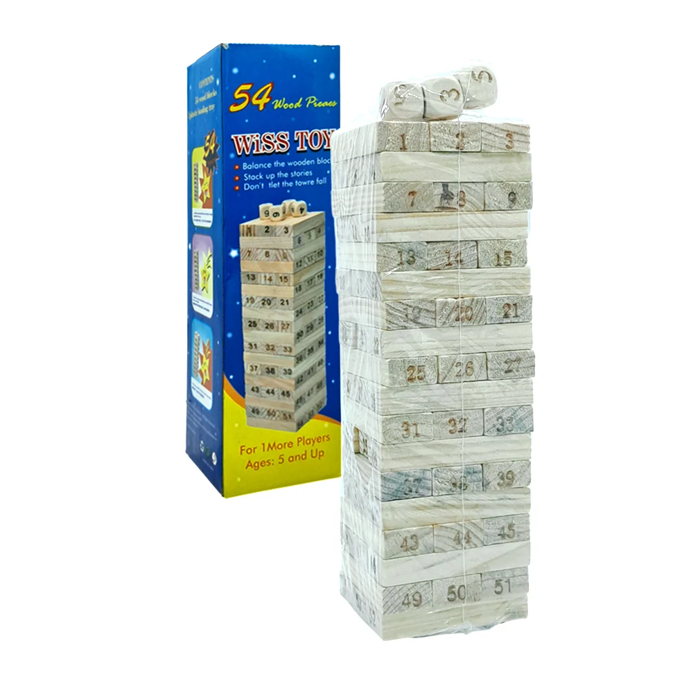 Juego de mesa, 16x5cm tipo jenga con 54 bloques numéricos de madera + 4 dados