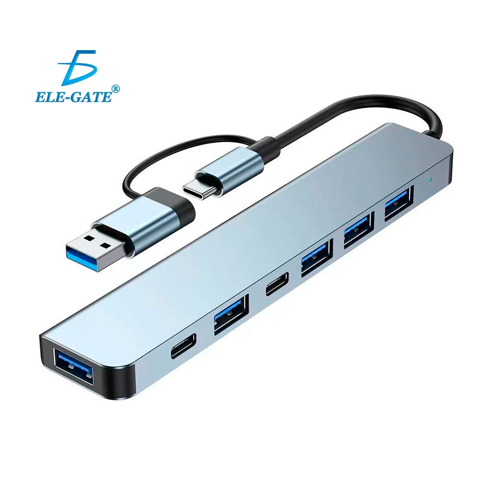 Hub adaptador con 7 puertos, 2 usb-c, 5 usb, con salida tipo c y adaptador usb