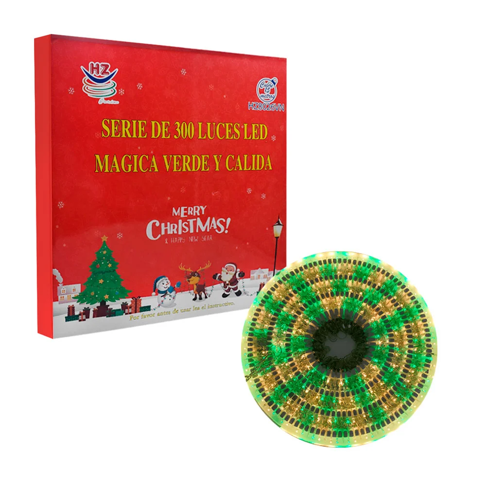Serie decorativa, 300 luces led, tono verde con cálida, cable transparente