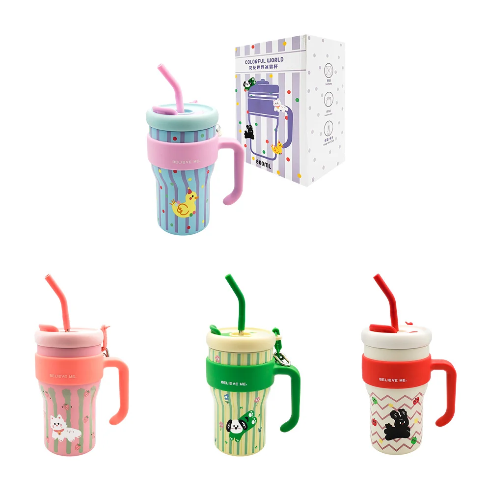 Termo de 800ml con estampado de animalitos + asa y popote, variedad /  jq-072