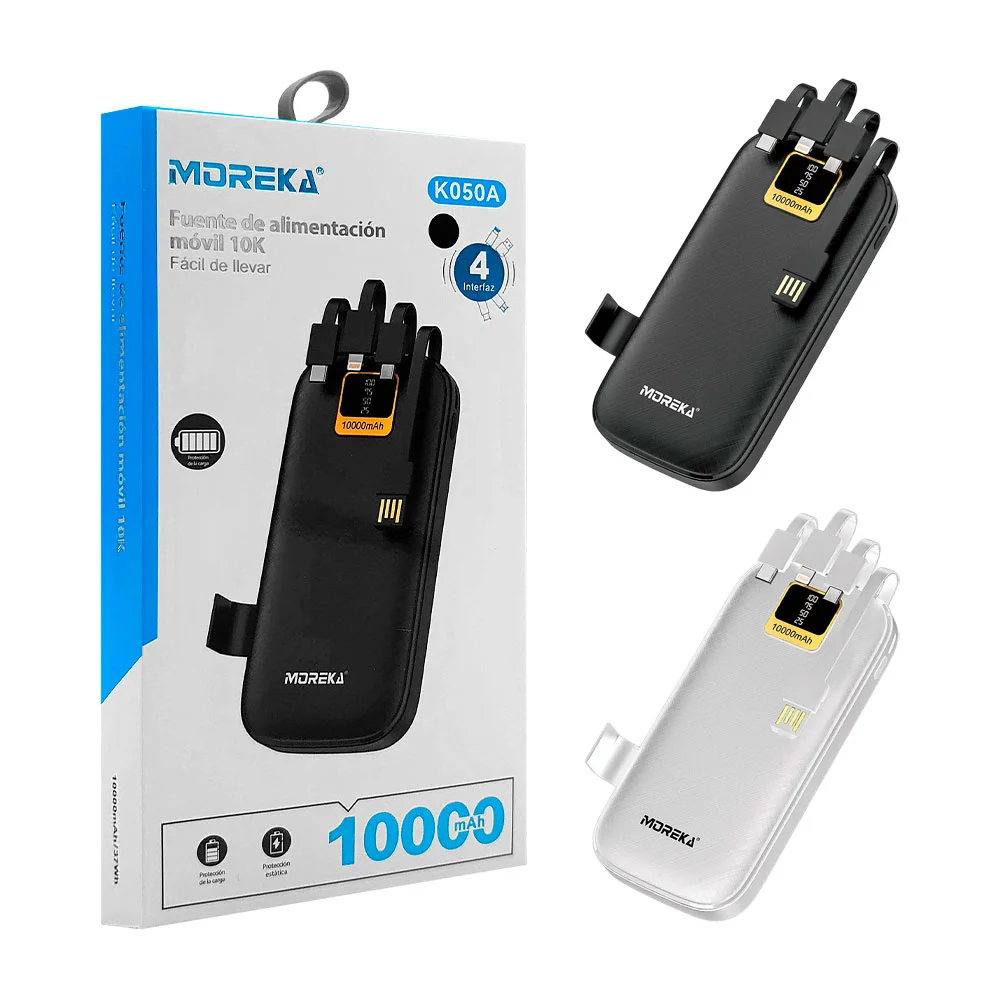 Power bank moreka 10000mah, pantalla, 4 multicables de carga y soporte