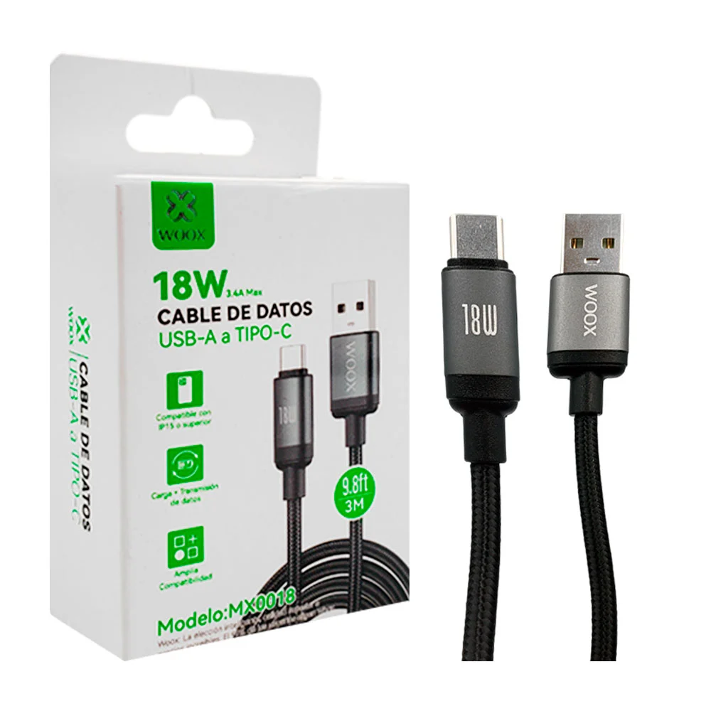 1pz Cable de datos / carga rápida mallado, de usb a tipo c y medida de 3m / woox