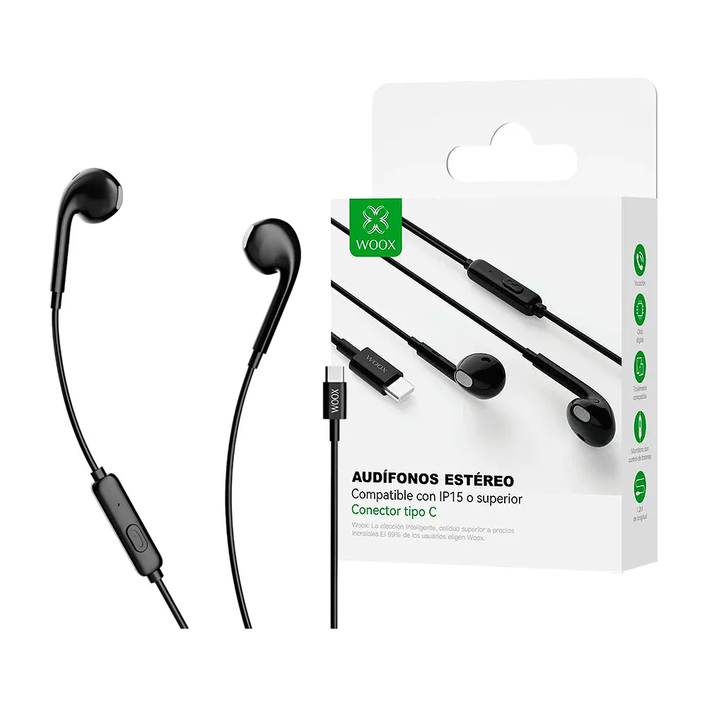 1pz Audífonos alámbricos estilo earphones, con entrada tipo c y micrófono / woox
