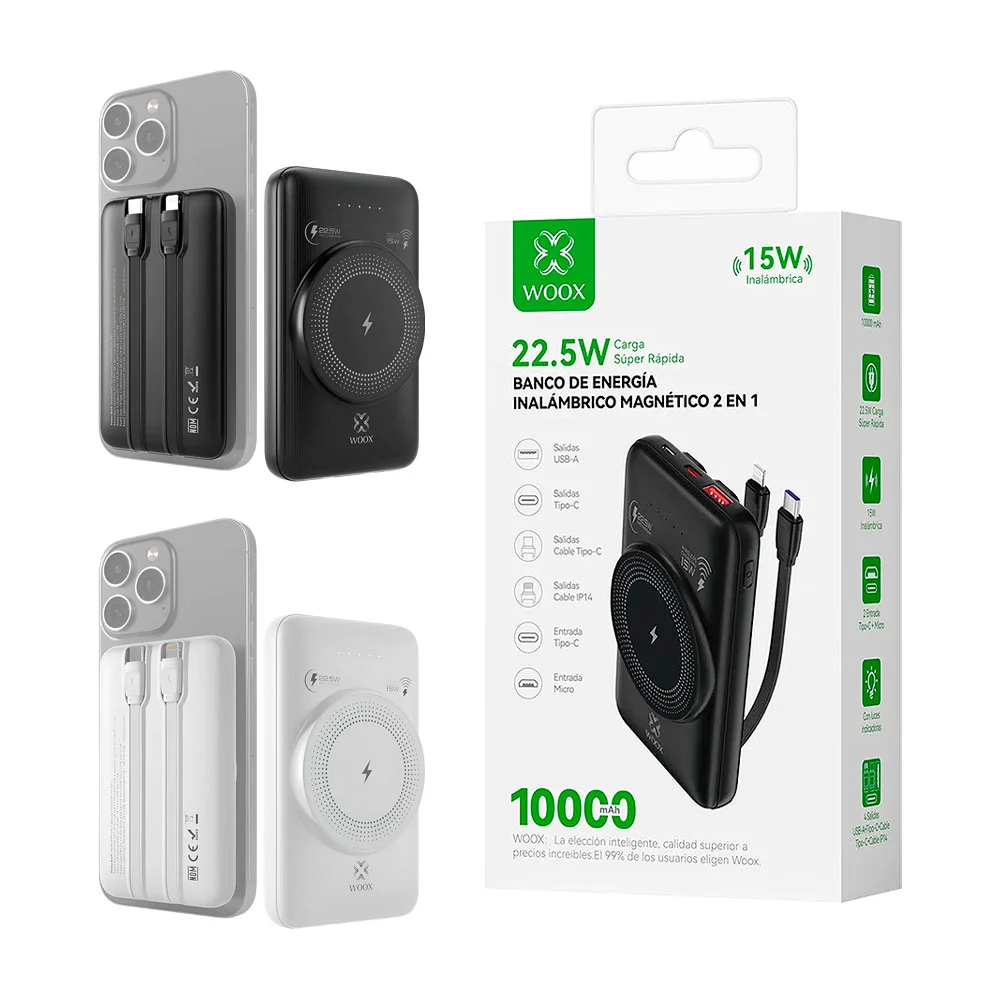 1pza Powerbank portátil con cables tipo c, lightning e imán para carga magnética