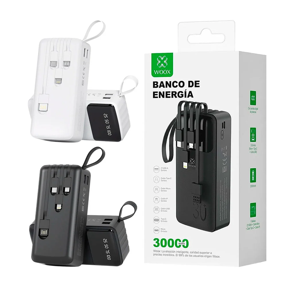 1pza Powerbank portátil recargable con cables usb, tipo c, lightning y v8