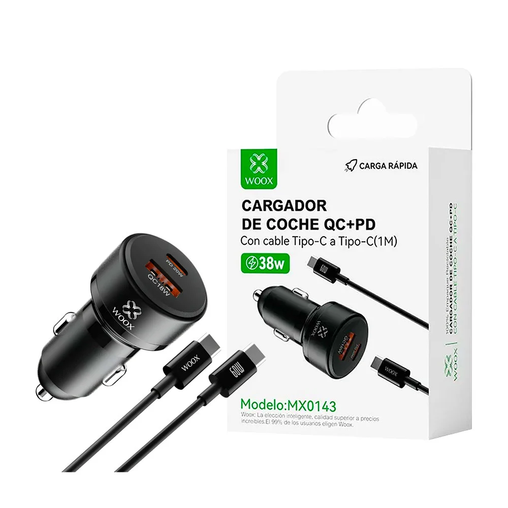 1pza Cargador para coche con entrada usb, tipo c y cable de tipo c a c  / 38w