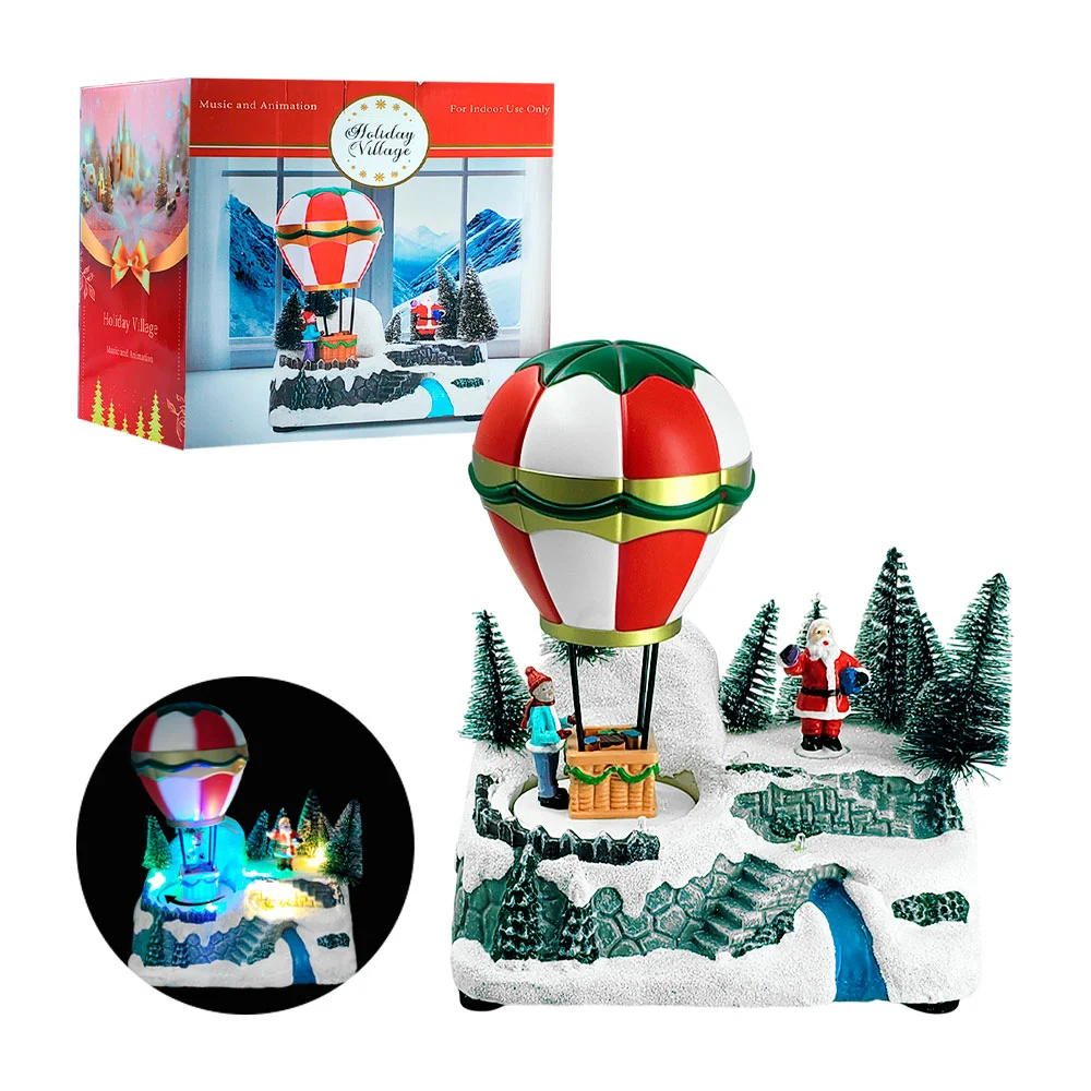 Adorno navideño musical con globo aerostático, pinos y santa claus, variedad