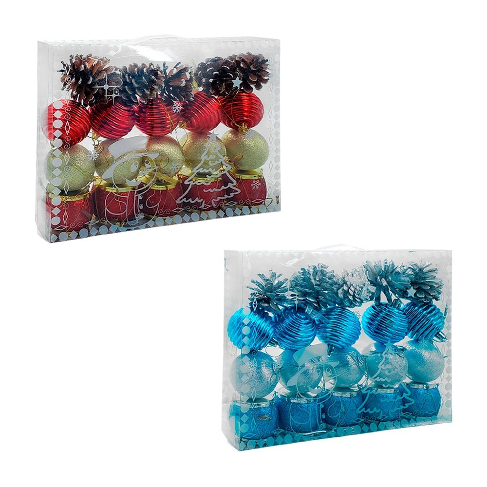 Paquete con 20 adornos colgantes, tambor, esferas y pino, variedad de colores