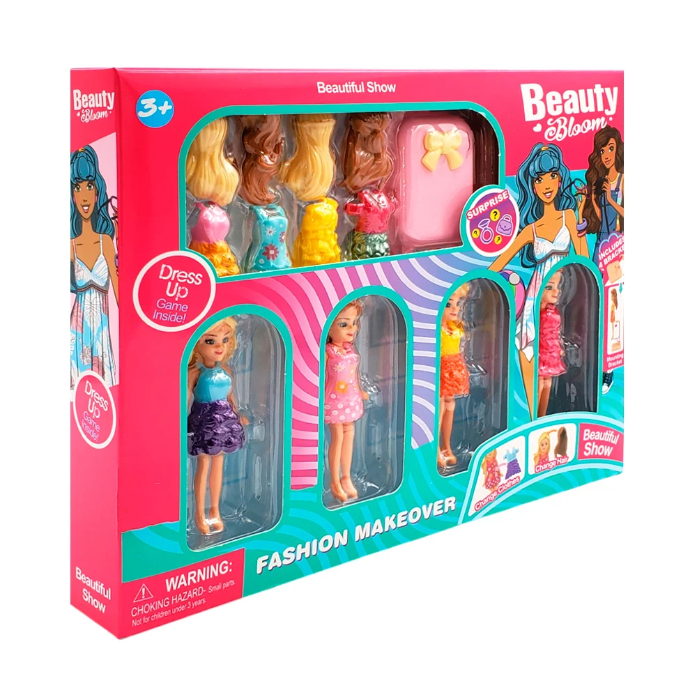 Paquete con 4 mini muñecas con ropa y accesorios intercambiables, variedad