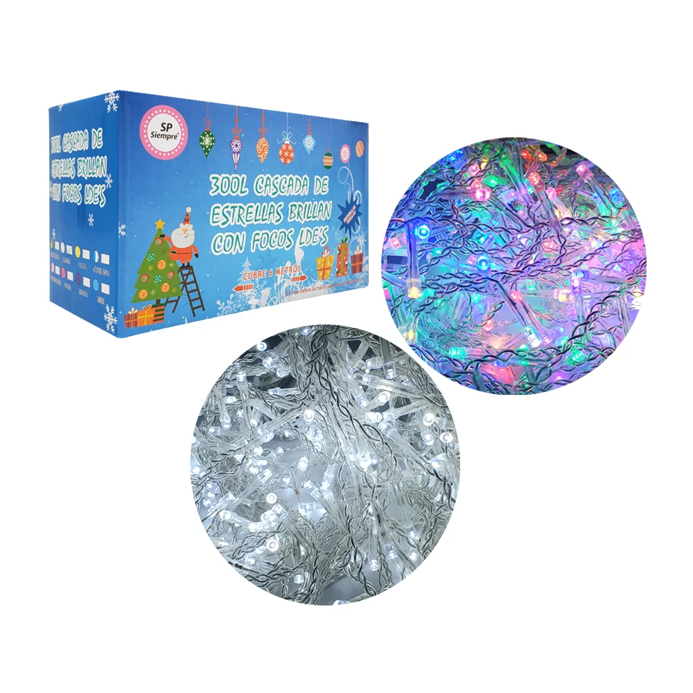 Serie decorativa de cascada, 300 luces, cable transparente, variedad de colores