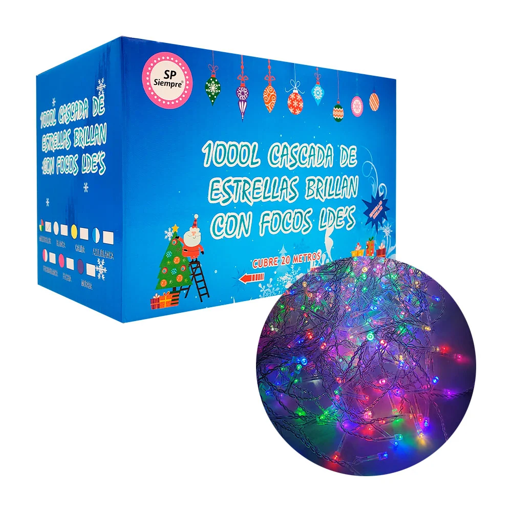 Serie decorativa de cascada, 1000 luces led, cable transparente, color surtido