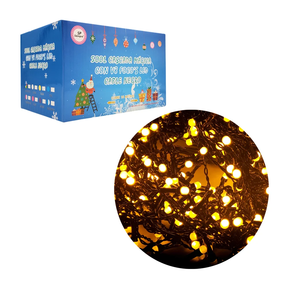 Serie decorativa de cascada, 500luces v8 mágica, cable negro, color surtido