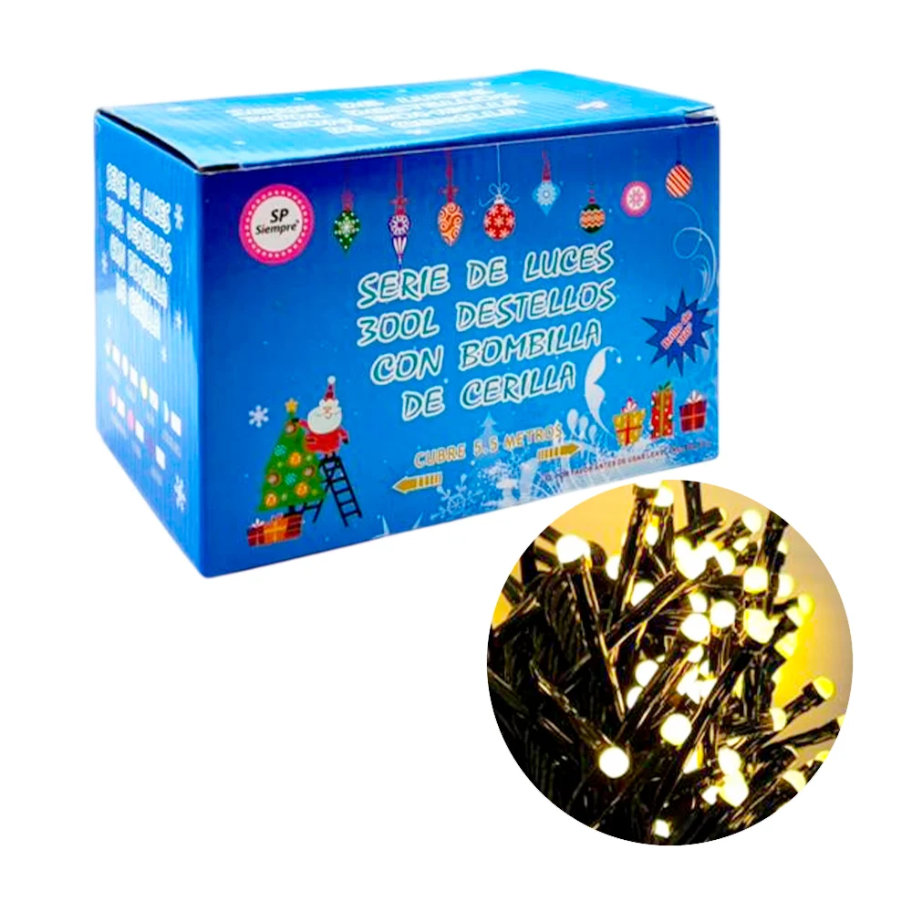 Serie decorativa, 300 luces destellos tipo cerillo, cable negro, color surtido