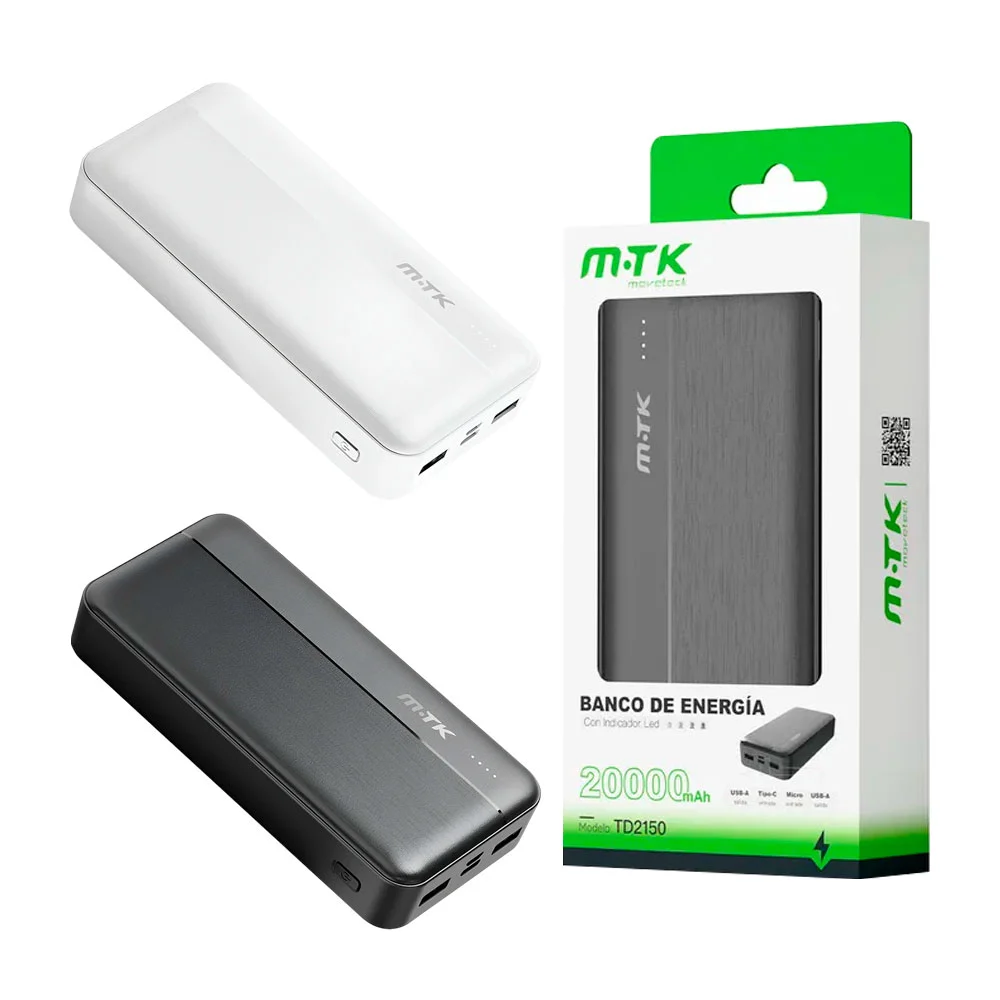 1pza Powerbank recargable de 20,000mah con indicador de led y puertos conectores