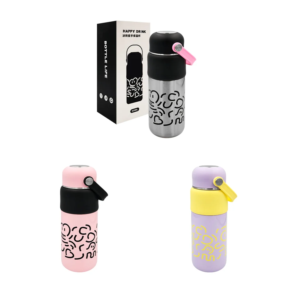 Termo de acero inoxidable con capacidad 500ml, diseño estampado + asa, variedad