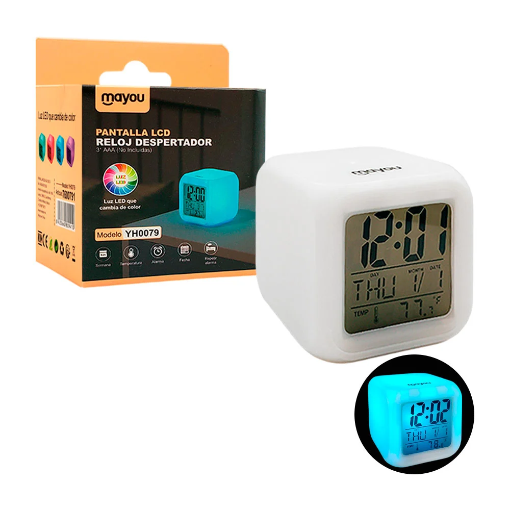 1pza Reloj despertador en forma de cubo, con iluminación led y botones de acción