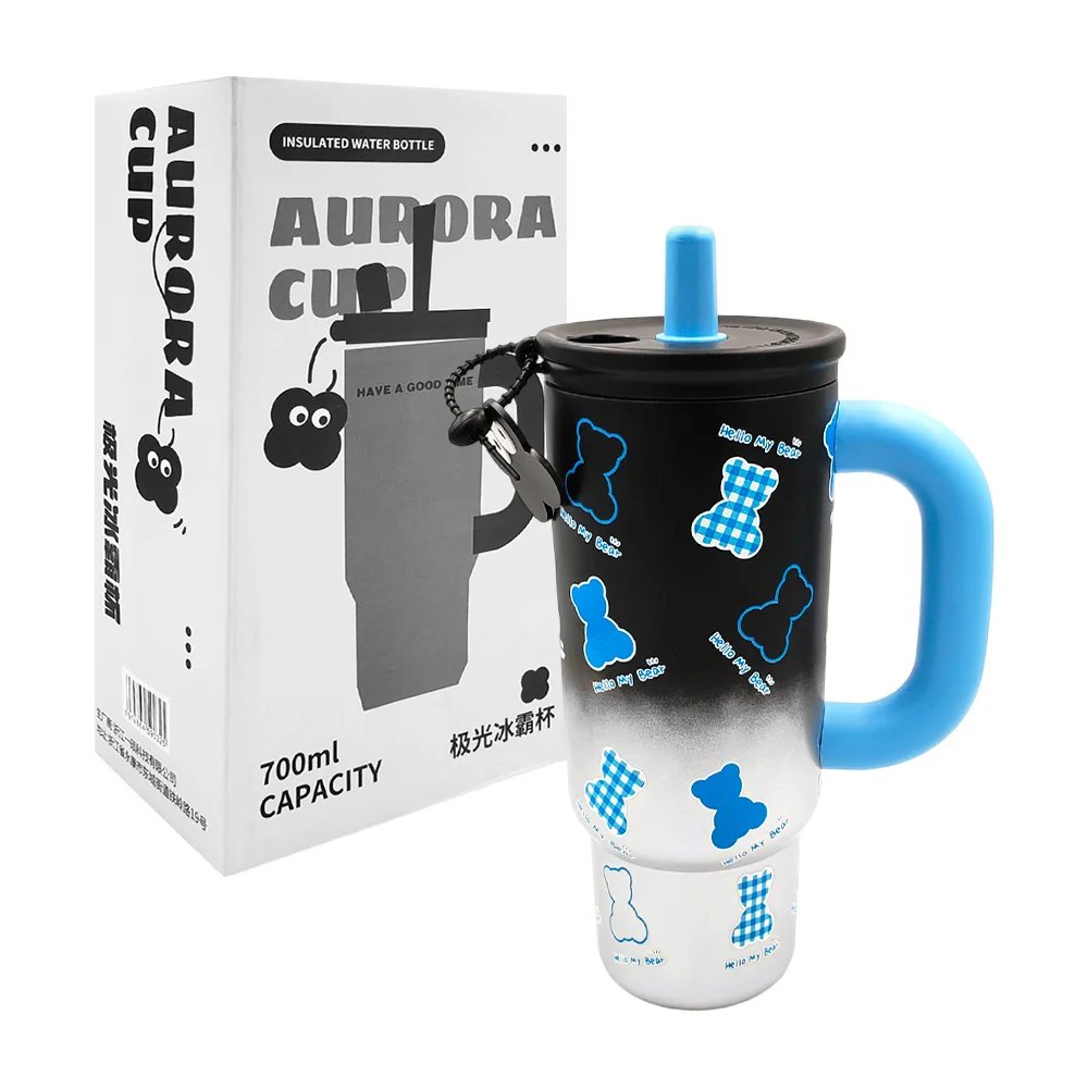 Termo de acero inoxidable de 700ml con estampado de osos + asa. variedad