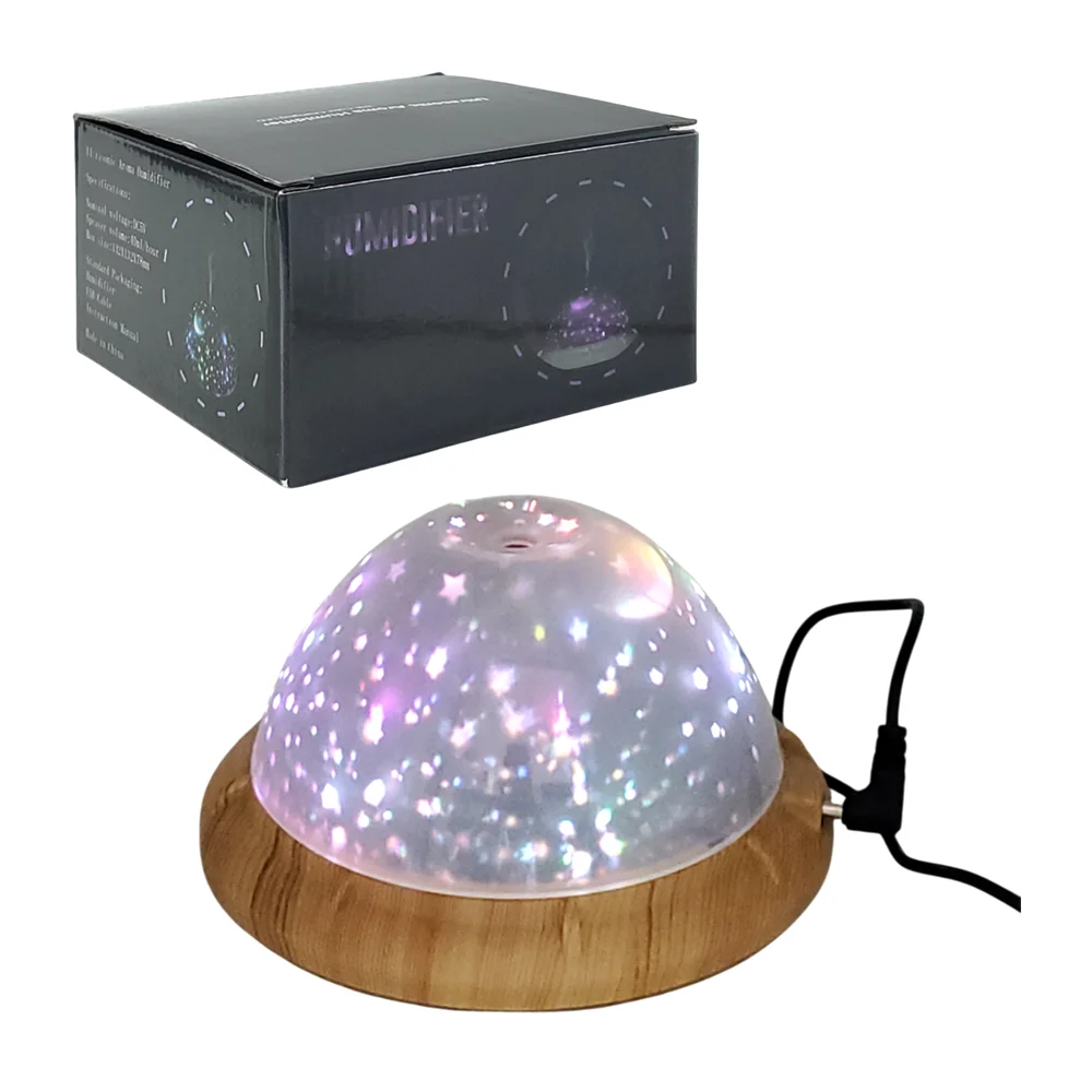 Lámpara humidificador con proyector y base tipo de madera, diseño minimalista