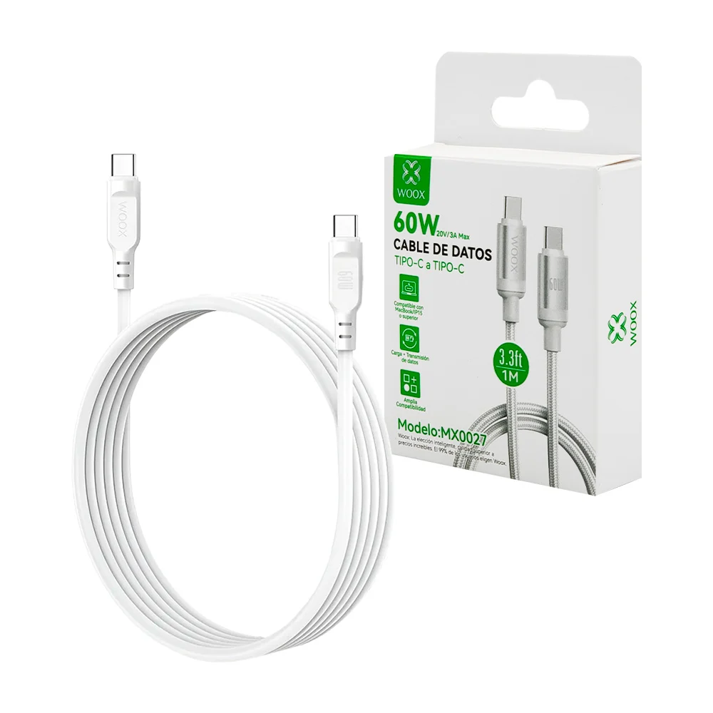 Cable de transferencia y carga tipo c a c, mallado, con potencia máxima de 60w