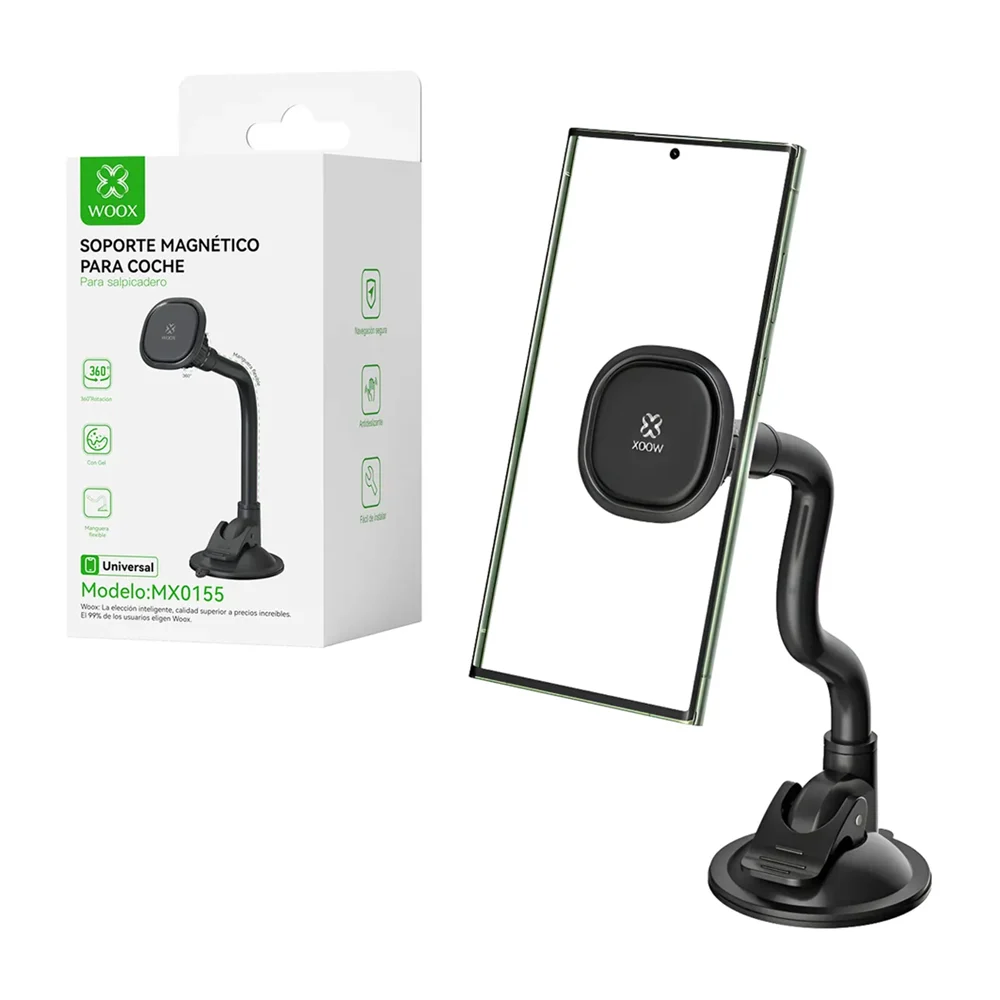 Soporte adherible magnético, flexible y base de tipo ventosa, funciones varias