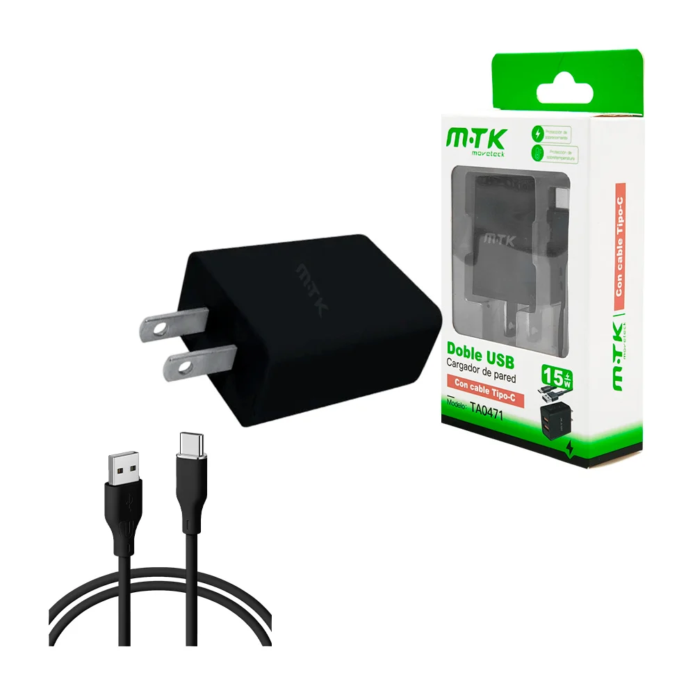 Combo cargador con cable usb a tipo c y cubo cargador de doble entrada de 15w