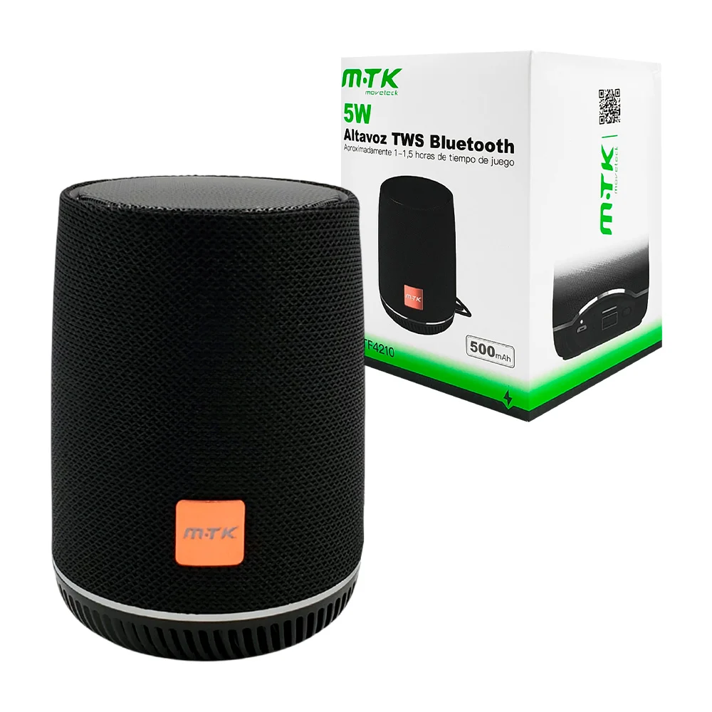 Bocina inalámbrica con botones inferiores y asa agarradera, funciones varias