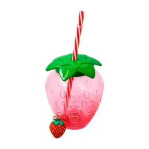 Vaso pequeño rosa translúcido con forma de fresa + popote y llavero, …