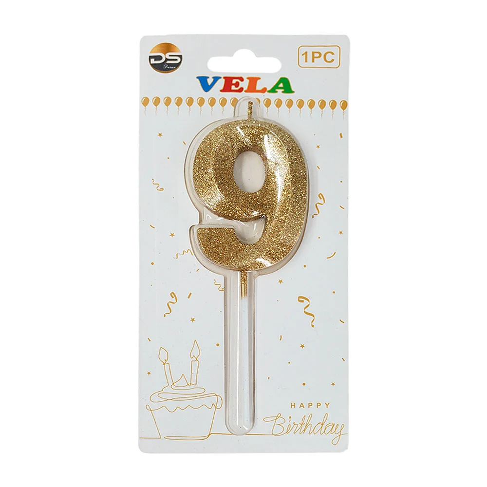 1pza Vela de brillantina dorada con el no.9 para pastel de cumpleaños / ds02237