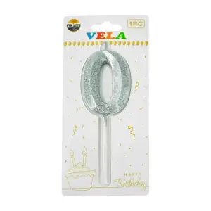 1pza Vela de brillantina plateada con el no.0 para pastel de cumpleañ…