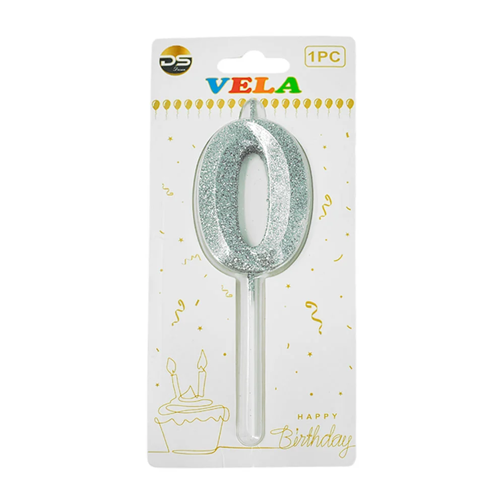 1pza Vela de brillantina plateada con el no.0 para pastel de cumpleaños /ds02238