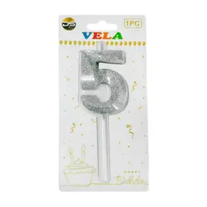 1pza Vela de brillantina plateada con el no.5 para pastel de cumpleañ…