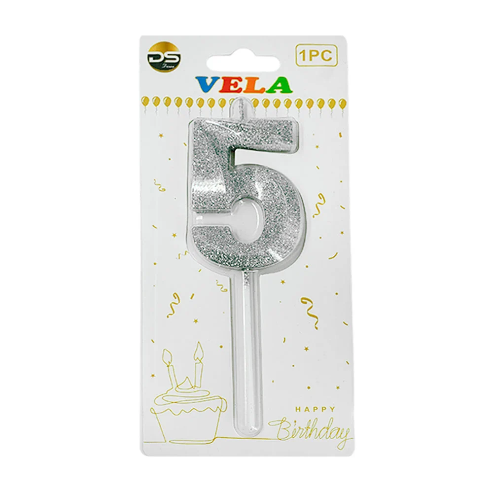 1pza Vela de brillantina plateada con el no.5 para pastel de cumpleaños /ds02243
