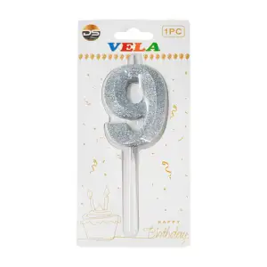 1pza Vela de brillantina plateada con el no.9 para pastel de cumpleañ…