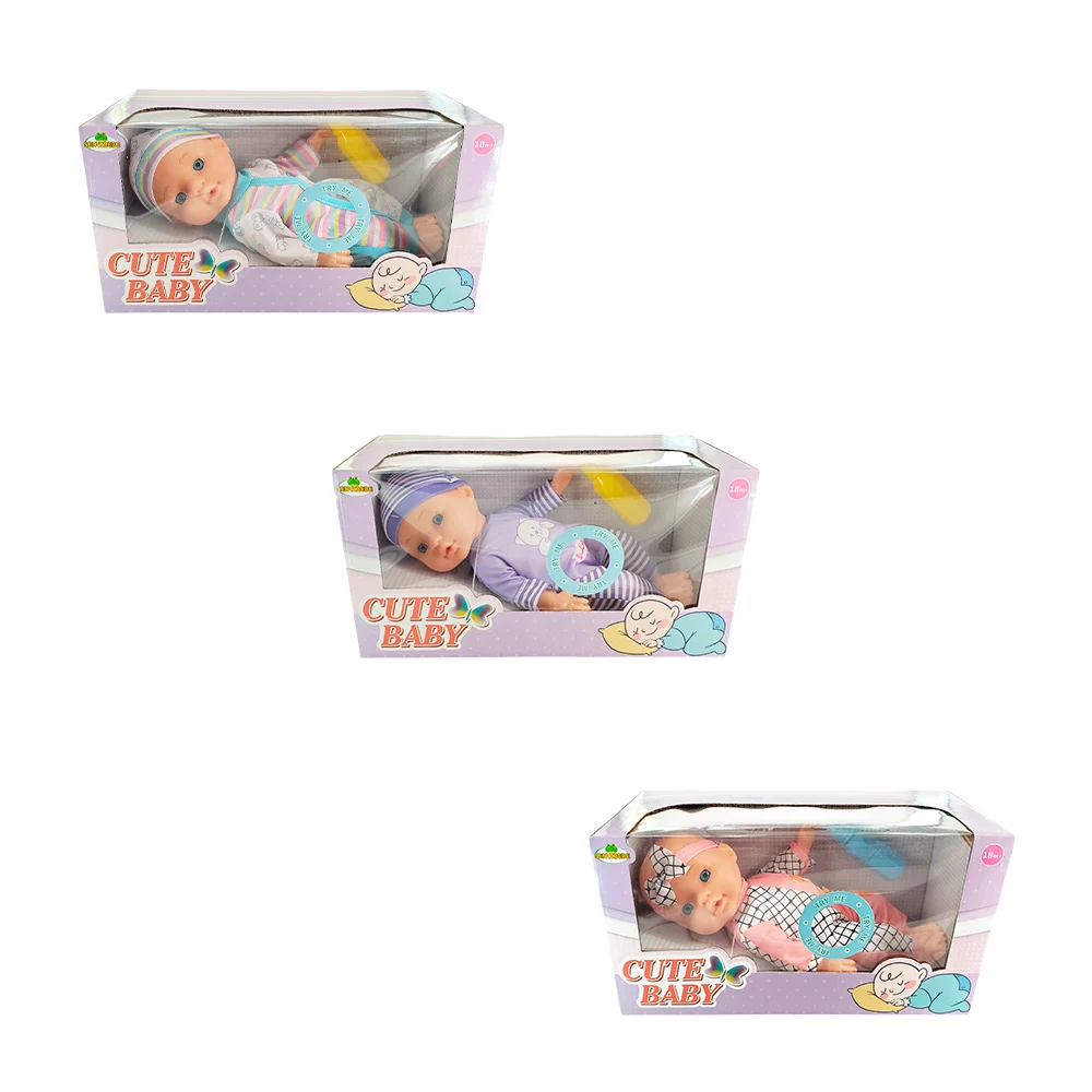 Muñeca bebé cute baby con mameluco, gorro, biberón y sonido, varios colores