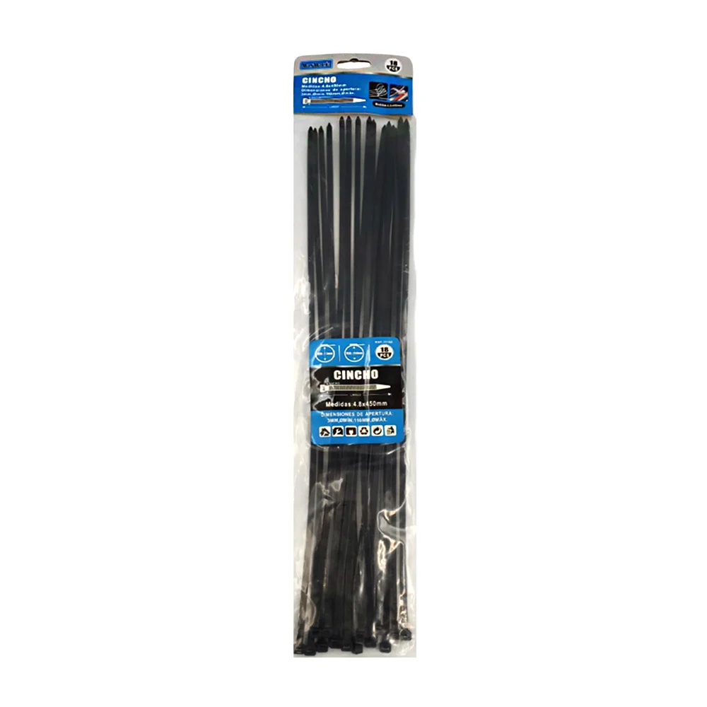 Paquete con 18 cinchos en color negro y medidas de 4.8x450mm, ajustables