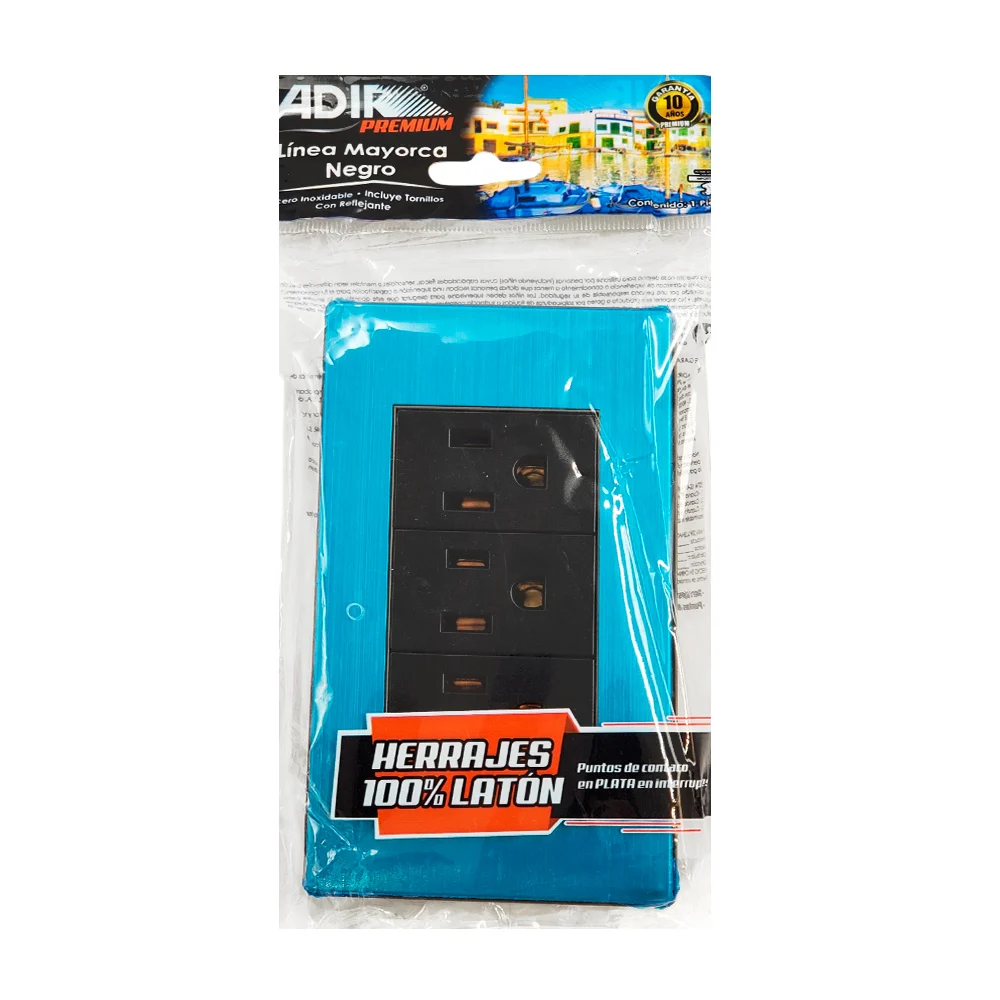 Placa enchufe de pared adir con 3 contactos tomacorriente, azul metálico / 9820
