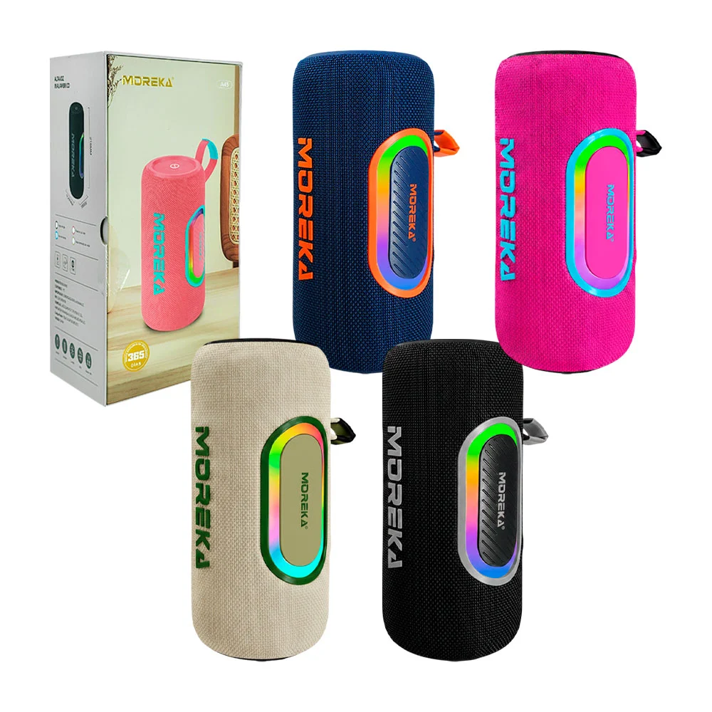 Bocina inalámbrica moreka, cilíndrica con sonido 360, asa y luz rgb, variedad