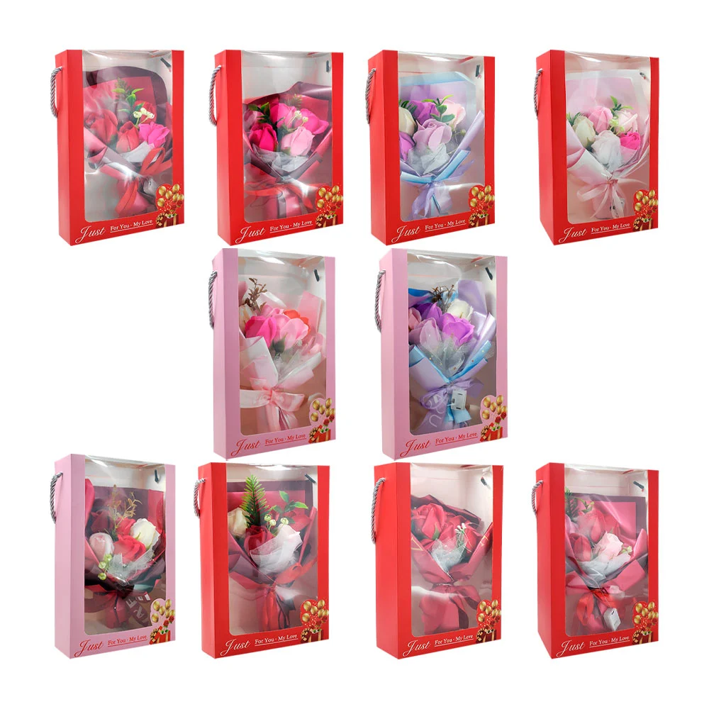 Caja con mini ramo de flores con 5 rosas y luz led, variedad de colores / ac-168