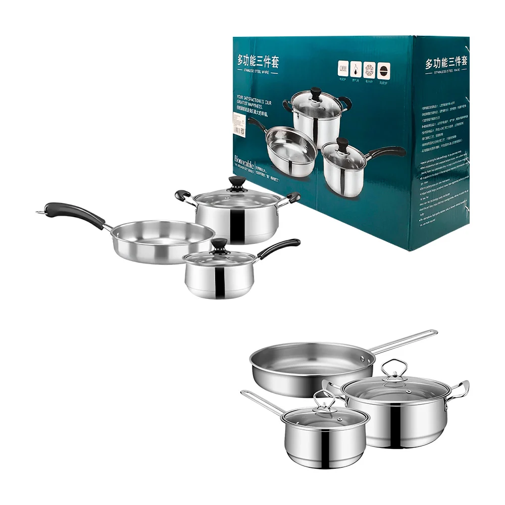 Bateria de cocina con 3 piezas, acero inoxidable, 2 ollas, 1 sarten + 2 tapas
