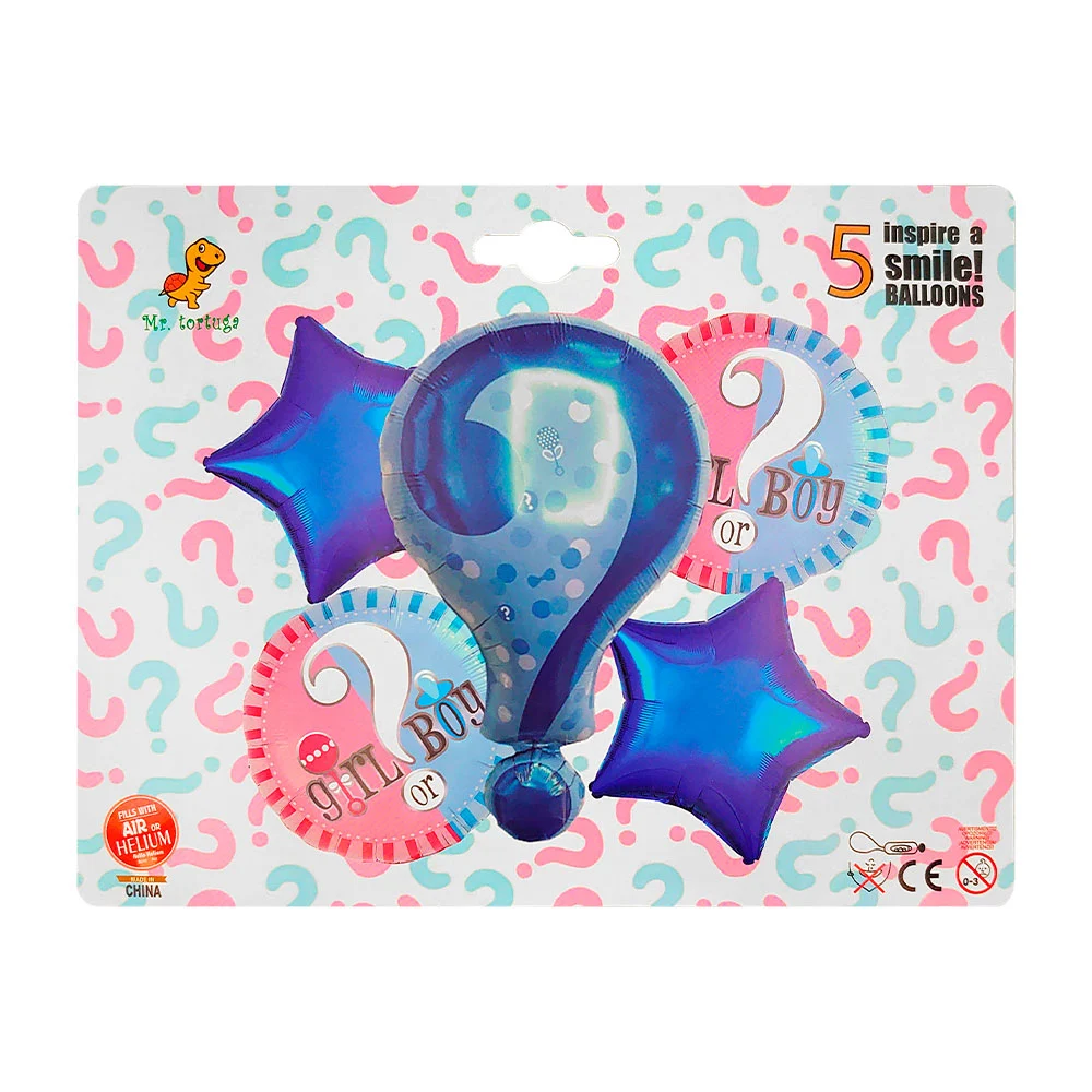 Set de 5 globos metálicos para revelación de género, circular, estrella y signo