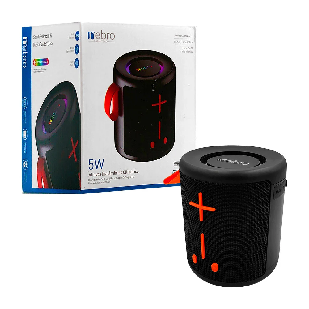 Bocina nebro cilíndrica pequeña, 5w de potencia, sonido 360 y luz rgb / wg-190