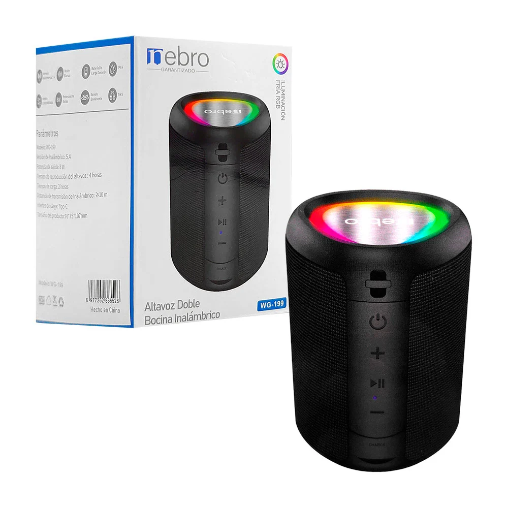 Bocina nebro inalámbrica con sonido envolvente, portátil con luz rgb / wg-199